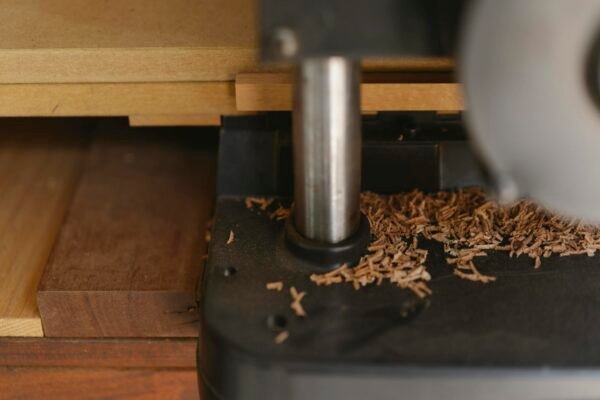 Closeup of electric machine for joinery with stainless steel part and shavings on table in workroom